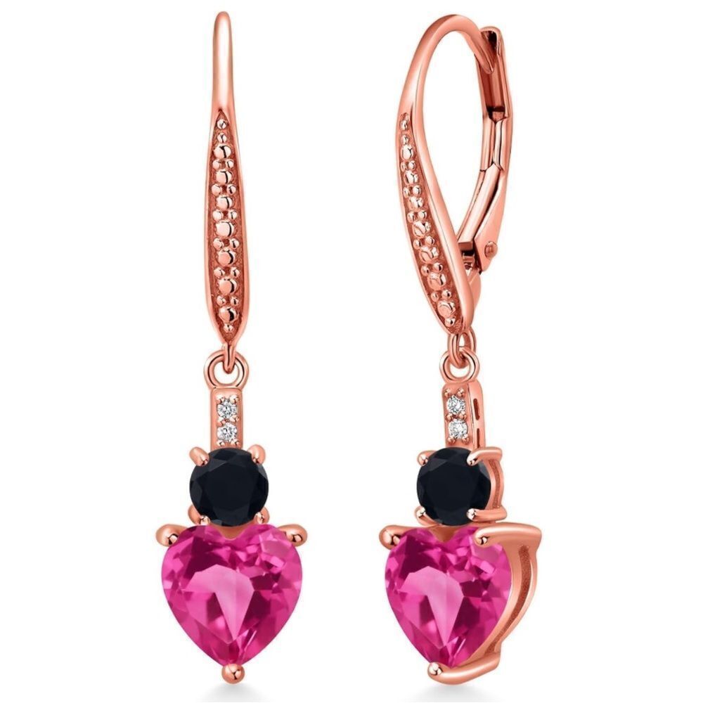 18K Rose Gold with 3.27 Cttw Pink Sapphire and Black Onyx Heart Drop Earrings